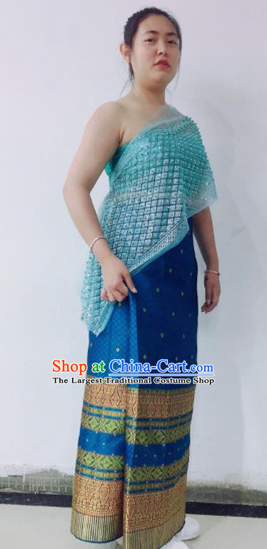 Chinese Yunnan Ethnic Garment Costume Dai Nationality Water Sprinkling Festival Blue Dress Tai Minority Female Dance Clothing