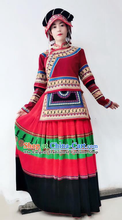 Chinese Yi Ethnic Group Garment Costumes Da Liangshan Nationality Festival Dress National Minority Female Dance Red Uniforms