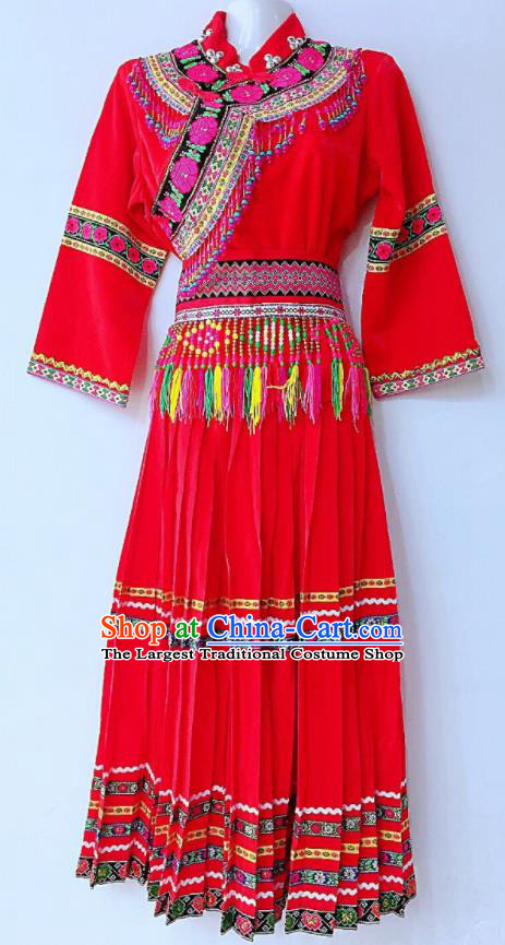 Chinese Lisu National Minority Female Dance Red Uniforms Yi Ethnic Group Garment Costumes Sichuan Nationality Festival Dress