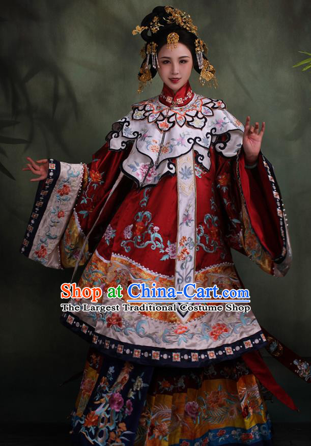 China Traditional Wedding Embroidered Red Hanfu Dress Qing Dynasty Court Historical Clothing Ancient Imperial Consort Garment Costumes