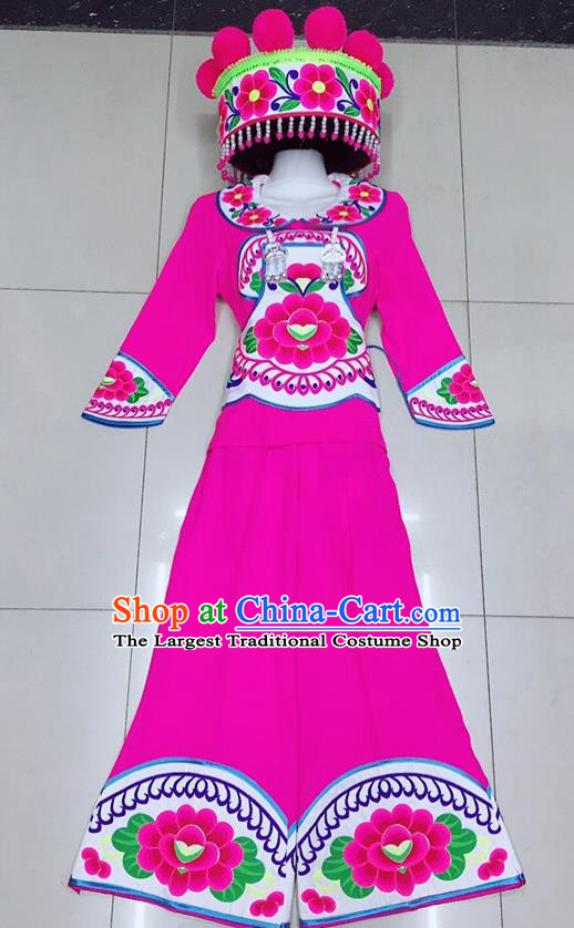 Chinese Ethnic Group Stage Performance Garment Costumes Yunnan Minority Female Informal Clothing Yi Nationality Dance Rosy Uniforms