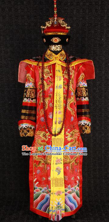 China Qing Dynasty Queen Embroidered Garment Costumes Traditional Wedding Female Attire Ancient Manchu Empress Red Dress and Hat