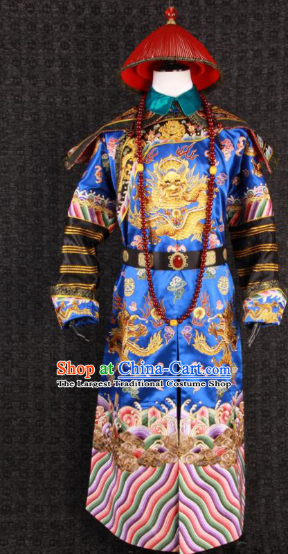 China Traditional Embroidered Royalblue Dragon Robe Clothing Qing Dynasty Official Uniforms Ancient Manchu Royal Highness Garment Costumes and Hat