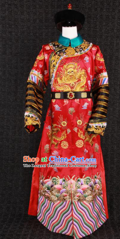 China Ancient Manchu Royal Highness Garment Costumes Traditional Wedding Embroidered Red Dragon Robe Clothing Qing Dynasty Emperor Uniforms and Headwear