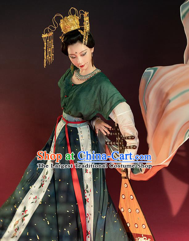 China Traditional Tang Dynasty Court Lady Historical Clothing Ancient Court Princess Green Hanfu Dress Garments