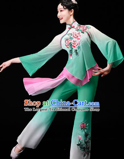 Chinese Folk Dance Green Chiffon Uniforms Traditional Fan Dance Garment Costumes Yangko Square Performance Clothing Yangge Dance Apparels