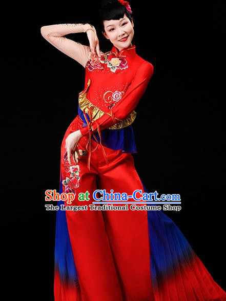 Chinese Yangko Performance Clothing Drum Dance Apparels Folk Dance Red Satin Uniforms Traditional Fan Dance Garment Costumes