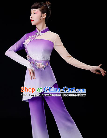 Chinese Traditional Fan Dance Garment Costumes Yangko Dance Clothing Women Square Performance Apparels Folk Dance Purple Chiffon Uniforms