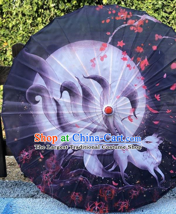 Chinese Classical Umbrella Traditional Performance Umbrella Handmade Navy Silk Umbrellas Printing Nine Tails Fox Umbrella