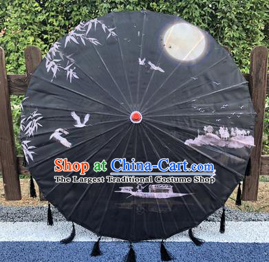Chinese Handmade Black Silk Umbrellas Printing Landscape Umbrella Classical Dance Umbrella Traditional Hanfu Tassel Umbrella