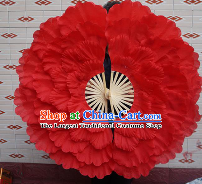 Chinese Opening Dance Fan Peony Dance Double Sides Fans Folk Dance Fan Yangko Dance Red Silk Fan