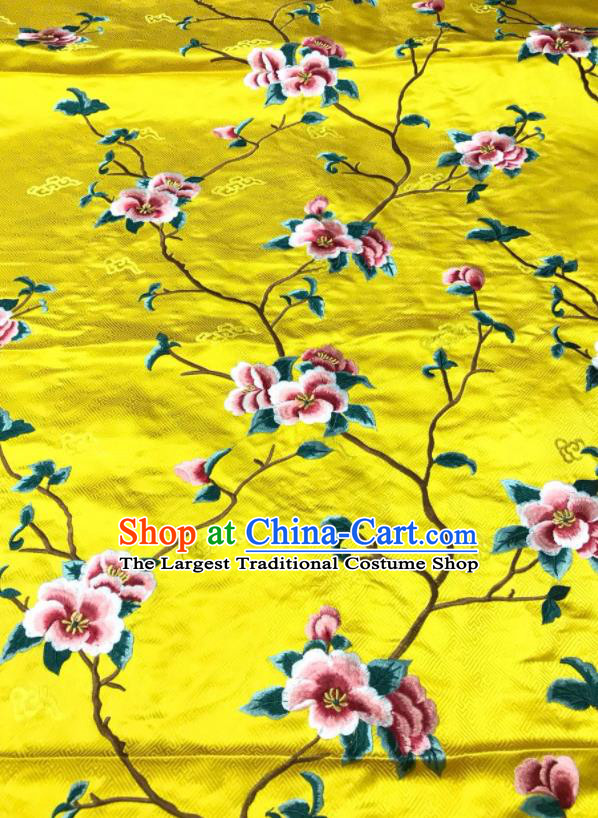 China Court Yellow Brocade Drapery Classical Cheongsam Damask Cloth Traditional Silk Fabric Embroidered Peach Blossom Satin Material