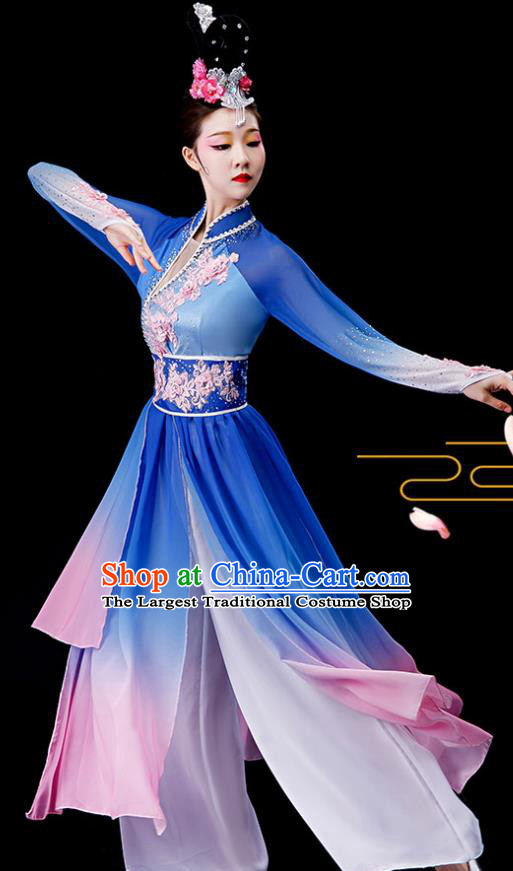 China Umbrella Dance Garment Costumes Women Group Dance Clothing Stage Performance Fashion Uniforms Classical Dance Blue Chiffon Dress