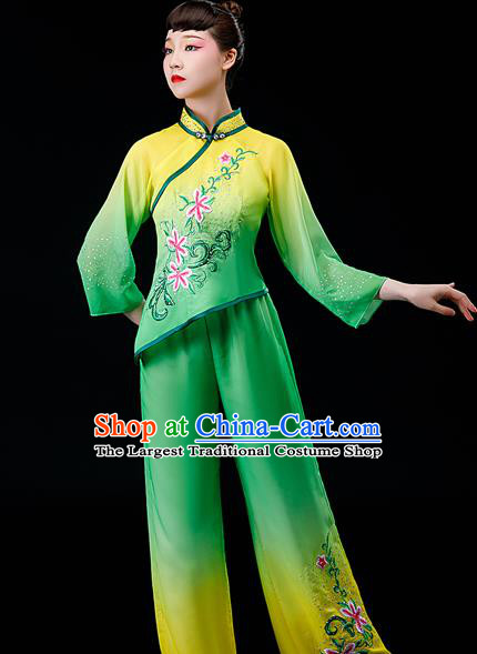 Chinese Traditional Fan Dance Garment Costumes Yangko Dance Clothing Country Women Square Performance Apparels Folk Dance Green Uniforms