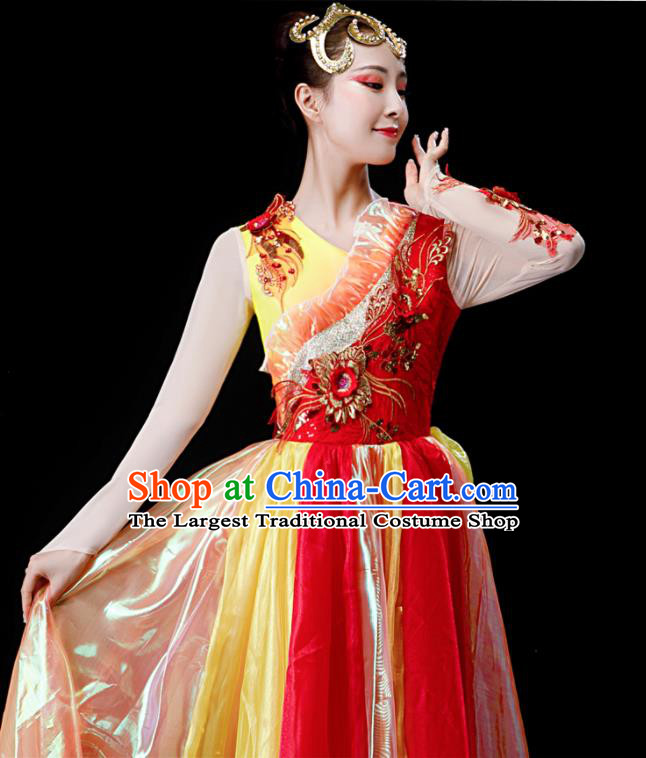 Professional Modern Dance Red Long Dress Opening Dance Garment Women Group Dance Fashion Chorus Performance Costume