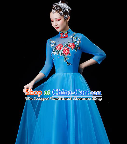 Professional Chorus Performance Costume Modern Dance Blue Veil Dress Opening Dance Garment Women Group Dance Fashion