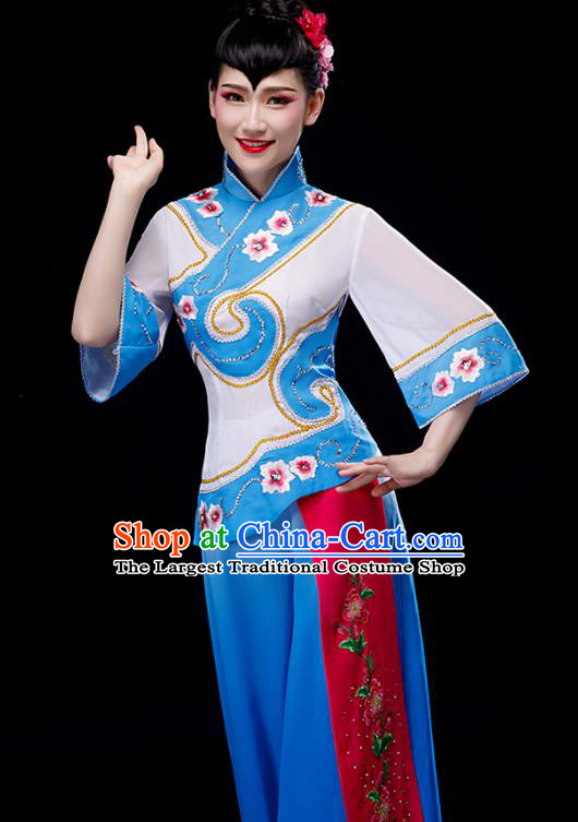 Chinese Yangko Dance Clothing Fan Dance Apparels Folk Dance Blue Uniforms Traditional Women Square Performance Garment Costumes