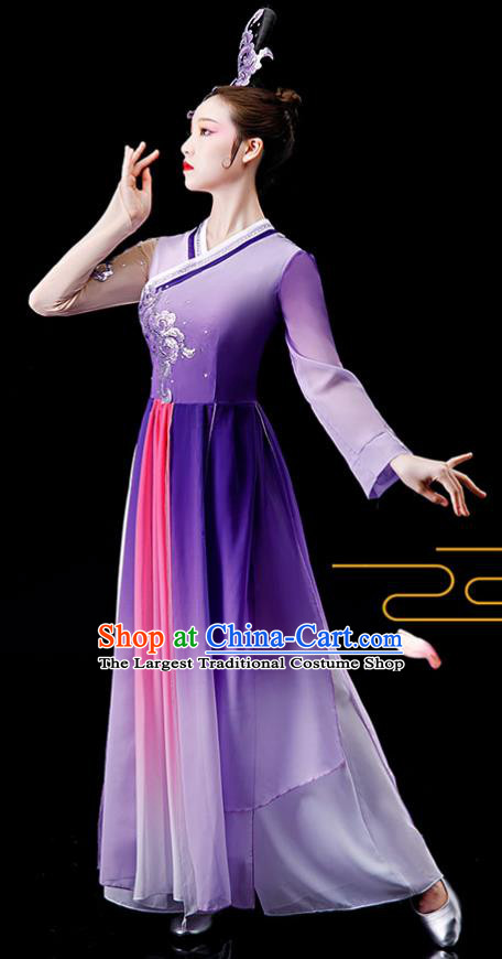 China Women Group Dance Clothing Stage Performance Fashion Uniforms Classical Dance Purple Dress Umbrella Dance Garment Costumes