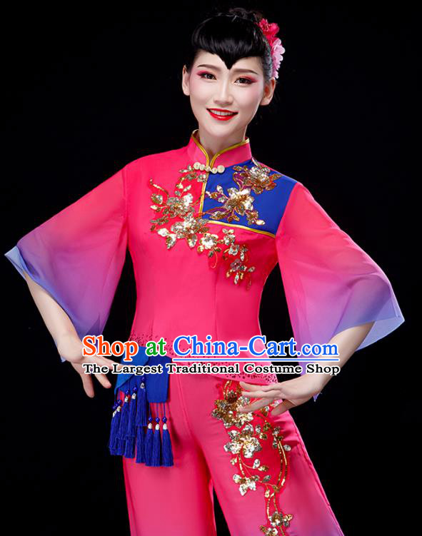 Chinese Folk Dance Rosy Uniforms Traditional Women Drum Dance Garment Costumes Yangko Performance Clothing Fan Dance Apparels