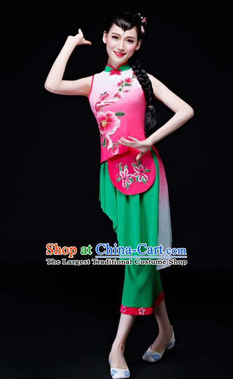 Chinese Fan Dance Apparels Folk Dance Uniforms Traditional Village Girl Dance Garment Costumes Bamboo Hat Performance Clothing