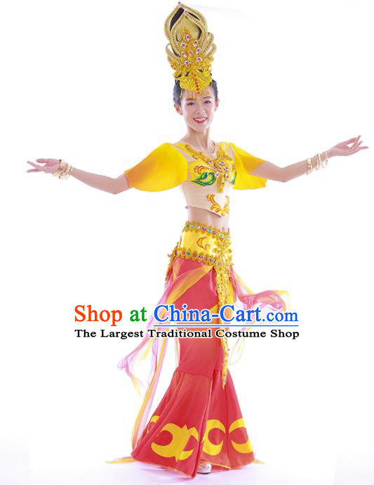 China Classical Dance Dress Thousands Hands Guanyin Dance Garment Costumes Flying Goddess Dance Clothing Stage Performance Uniforms and Hair Accessories