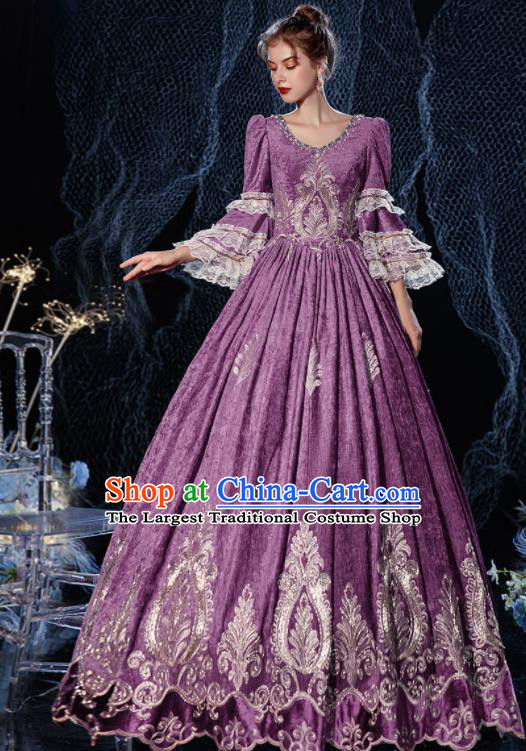 Top European Drama Performance Clothing Western Court Princess Purple Full Dress Compere Garment Costume French Noble Lady Formal Attire