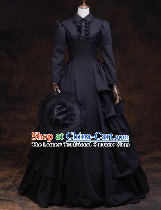 Top European Drama Performance Clothing Western Renaissance Style Black Full Dress Gothic Garment Costume England Noble Woman Formal Attire