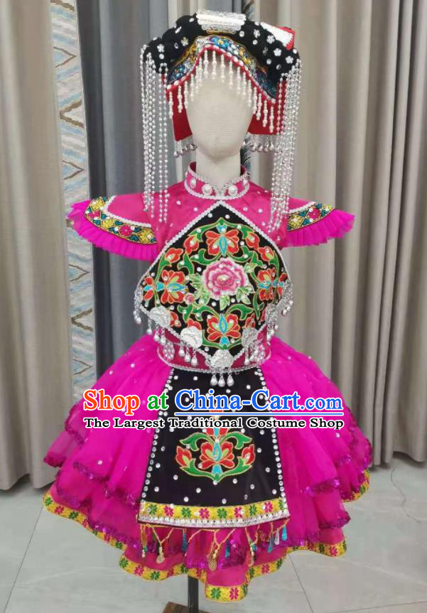 Chinese Ethnic Folk Dance Garment Costumes Yi Minority Dance Rosy Dress Outfits Pumi Nationality Children Performance Clothing and Headwear