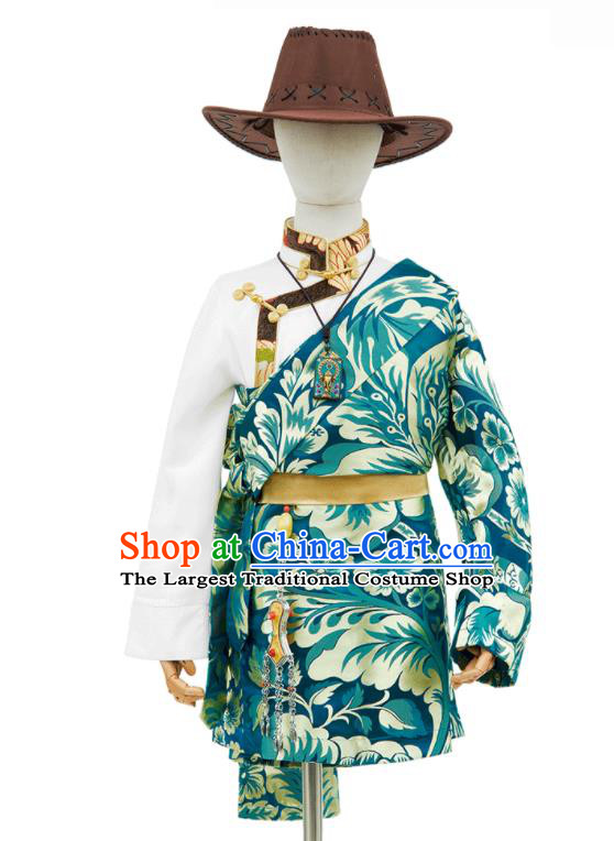 Chinese Ethnic Boys Performance Costume Zang Nationality Kid Solo Clothing Traditional Lake Blue Brocade Tibetan Robe