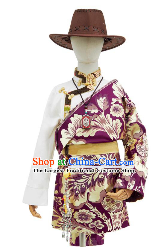 Chinese Traditional Performance Purple Brocade Tibetan Robe Xizang Ethnic Boys Costume Zang Nationality Kid Folk Dance Clothing