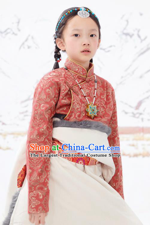 Chinese Ethnic Children Rust Red Brocade Shirt Zang Minority Girl Upper Outer Garment Tibetan Nationality Blouse Clothing