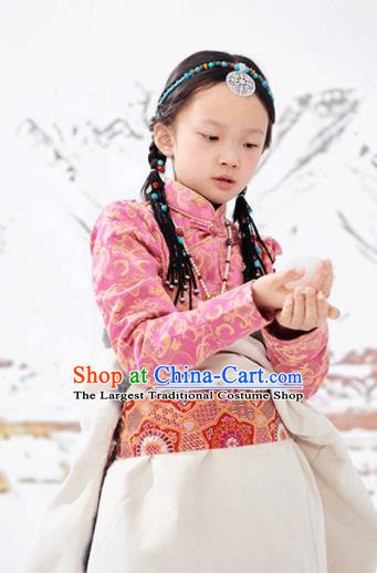 Chinese Tibetan Nationality Blouse Clothing Ethnic Children Pink Brocade Shirt Zang Minority Girl Upper Outer Garment