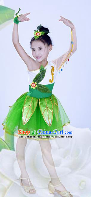 Custom Modern Dance Green Veil Dress Girls Stage Performance Fashion Clothing Children Group Dance Costume