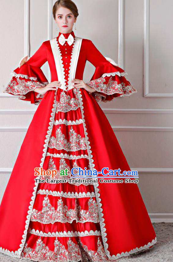 Top England Noble Lady Formal Attire European Drama Clothing Western Court Red Full Dress Renaissance Style Garment Costume