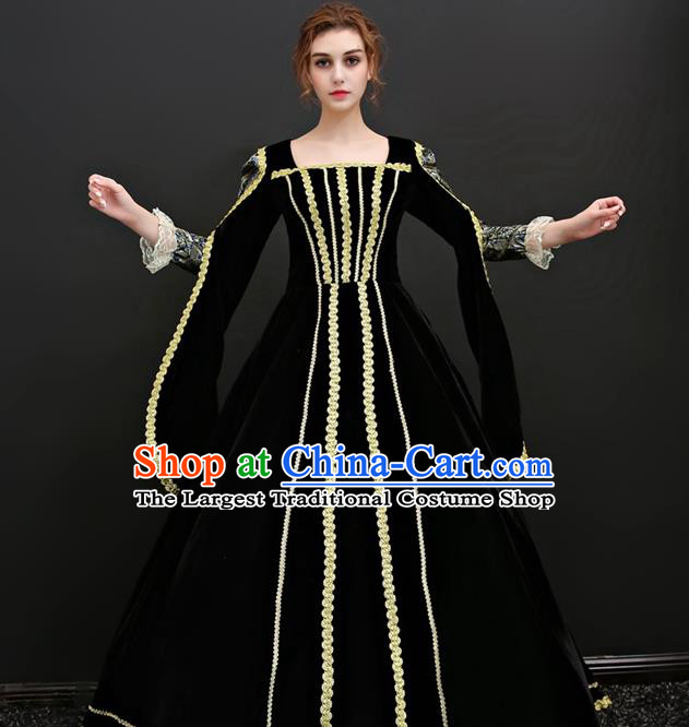 Top European Drama Performance Clothing Western Court Black Velvet Full Dress Renaissance Style Garment Costume French Queen Formal Attire