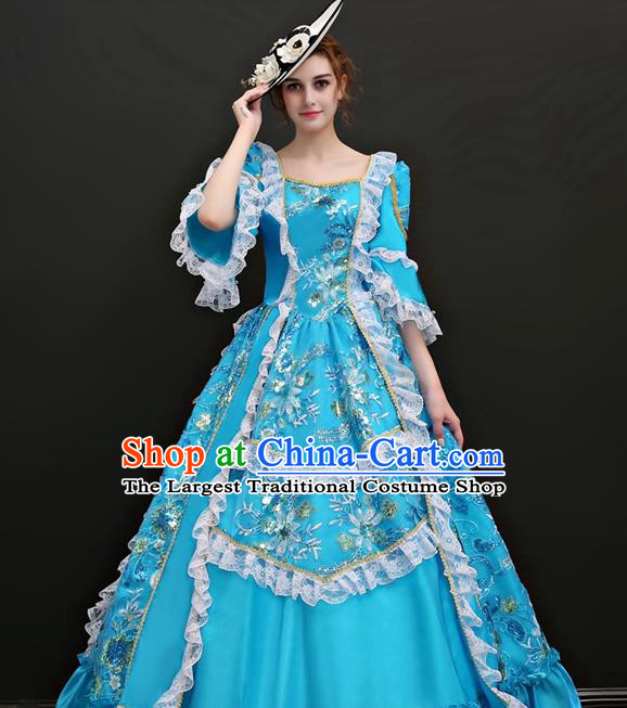 Top Western Ballroom Dance Blue Full Dress Renaissance Style Garment Costume French Princess Formal Attire European Court Clothing