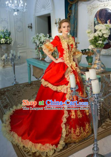 Top Western Drama Performance Red Trailing Full Dress Renaissance Style Garment Costume England Princess Formal Attire European Royal Clothing