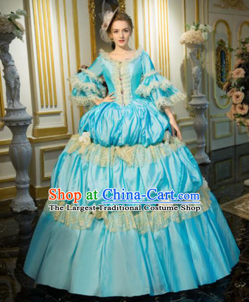 Top Christmas Garment Costume England Noble Lady Formal Attire European Royal Queen Clothing Western Drama Performance Light Blue Full Dress