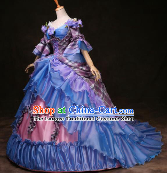 Top European Royal Princess Clothing Western Drama Performance Blue Trailing Full Dress Christmas Garment Costume England Court Formal Attire