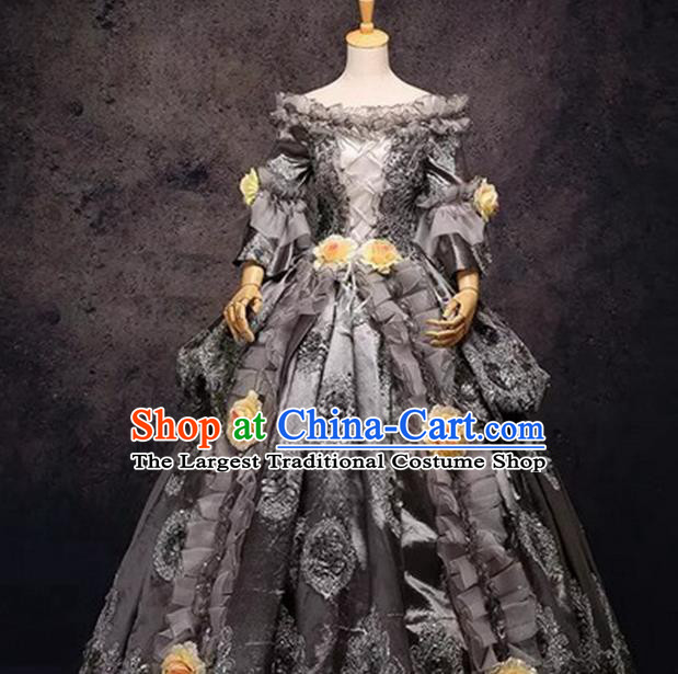 Top Western Drama Grey Lace Full Dress Christmas Ballroom Dance Garment Costume England Royal Princess Formal Attire European Court Queen Clothing