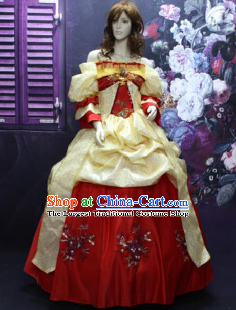 Top England Empress Formal Attire European Queen Clothing Western Drama Performance Red Satin Full Dress Christmas Ballroom Dance Garment Costume