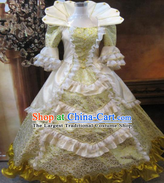 Top European Drama Performance Clothing Western Queen Yellow Full Dress Christmas Princess Garment Costume England Royal Formal Attire