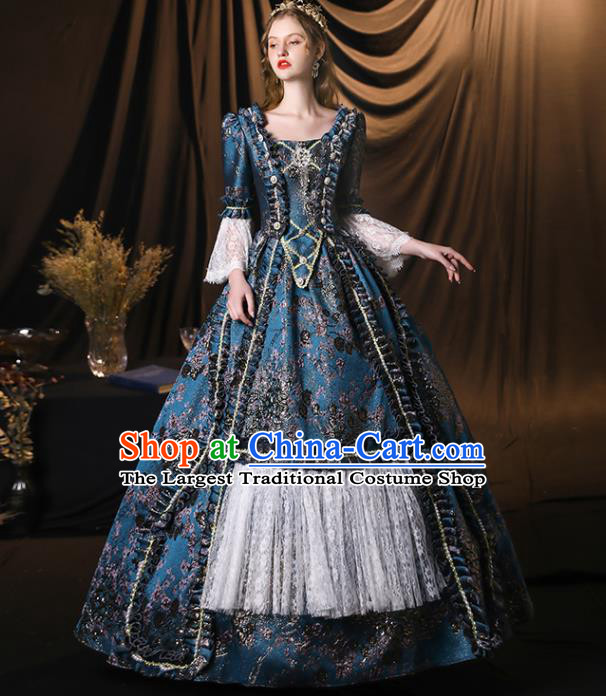 Top European Empress Clothing England Drama Performance Blue Full Dress Western Queen Garment Costume Christmas Dance Party Formal Attire