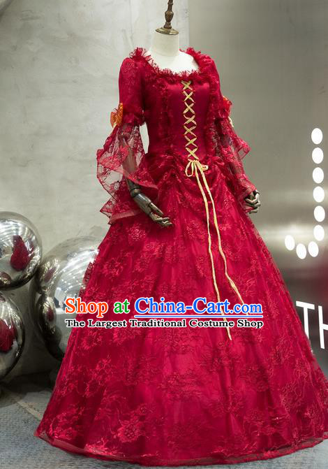 Top Western Drama Performance Wine Red Lace Full Dress French Princess Garment Costume Christmas Dance Party Formal Attire European Court Clothing