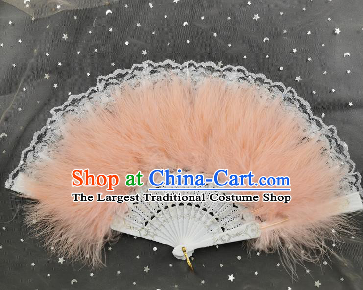 Handmade Classical Dance Orange Feather Fan Cheongsam Stage Show Folding Fan China Lace Fan Dance Fan