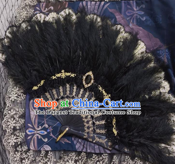 Handmade Baroque Queen Fan European Court Lady Fan Princess Fan Classical Dance Black Feather Fan