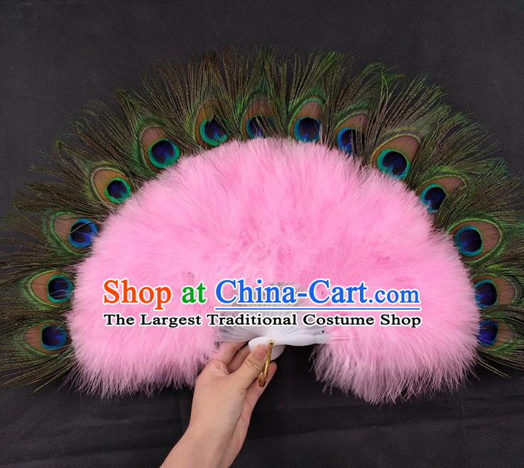 Handmade Belly Dance Pink Feather Fan Christmas Day Performance Fan Handmade Peacock Feather Fan Stage Show Fan