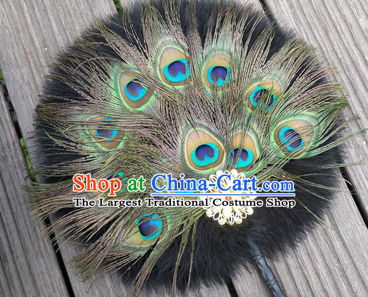 Chinese Traditional Hanfu Palace Fan Handmade Circular Fans Classical Dance Fan Ancient Swordsman Peacock Feather Fan