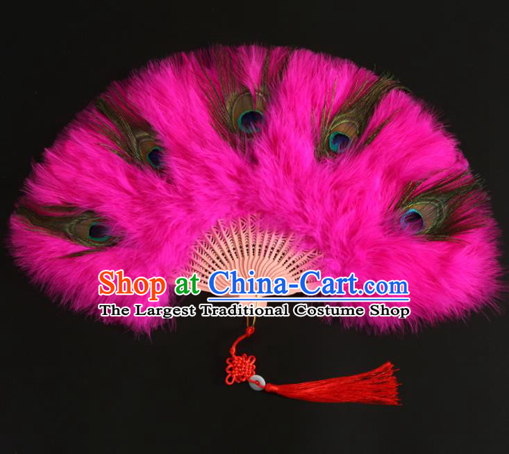 Chinese Traditional Hanfu Fan Handmade Rosy Feather Fans Classical Dance Folding Fan Ancient Fairy Fan