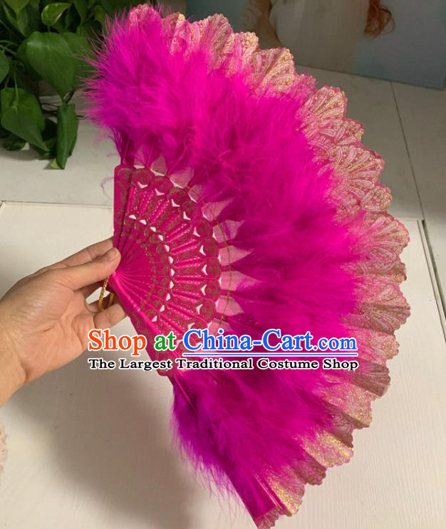 Chinese Handmade Rosy Feather Lace Fans Folk Dance Folding Fan Martial Arts Performance Fan Traditional Kung Fu Fan